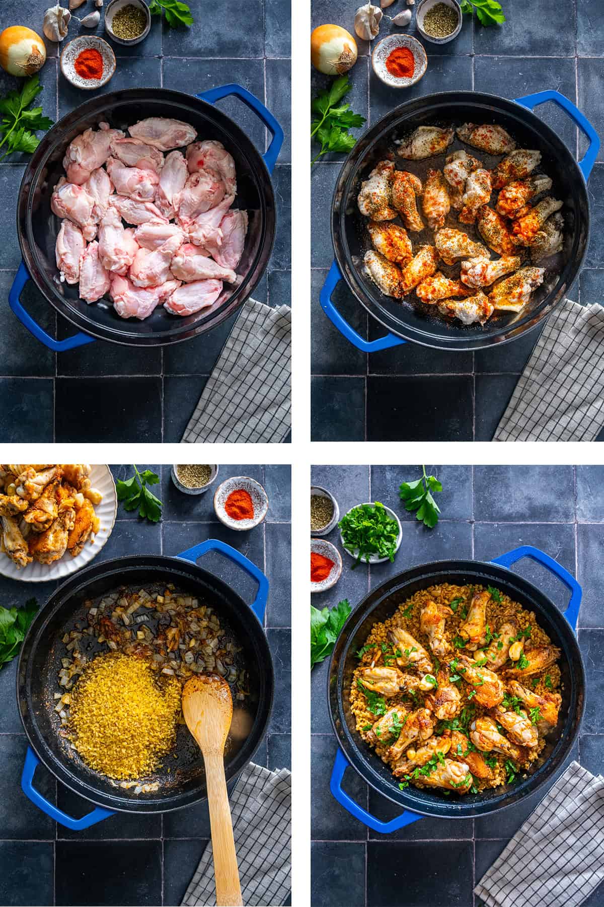 Step-by-step photos showing how to make chicken wings with bulgur in one pan.