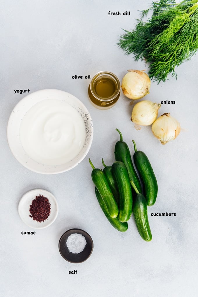 The BEST Creamy Cucumber Salad with onions and yogurt dressing. No mayonnaise. This will be your new summer hit! #creamycucumbersalad #cucumbersalad #saladwithoutmayo #creamycucumbers Creamy cucumber and onion salad ingredients