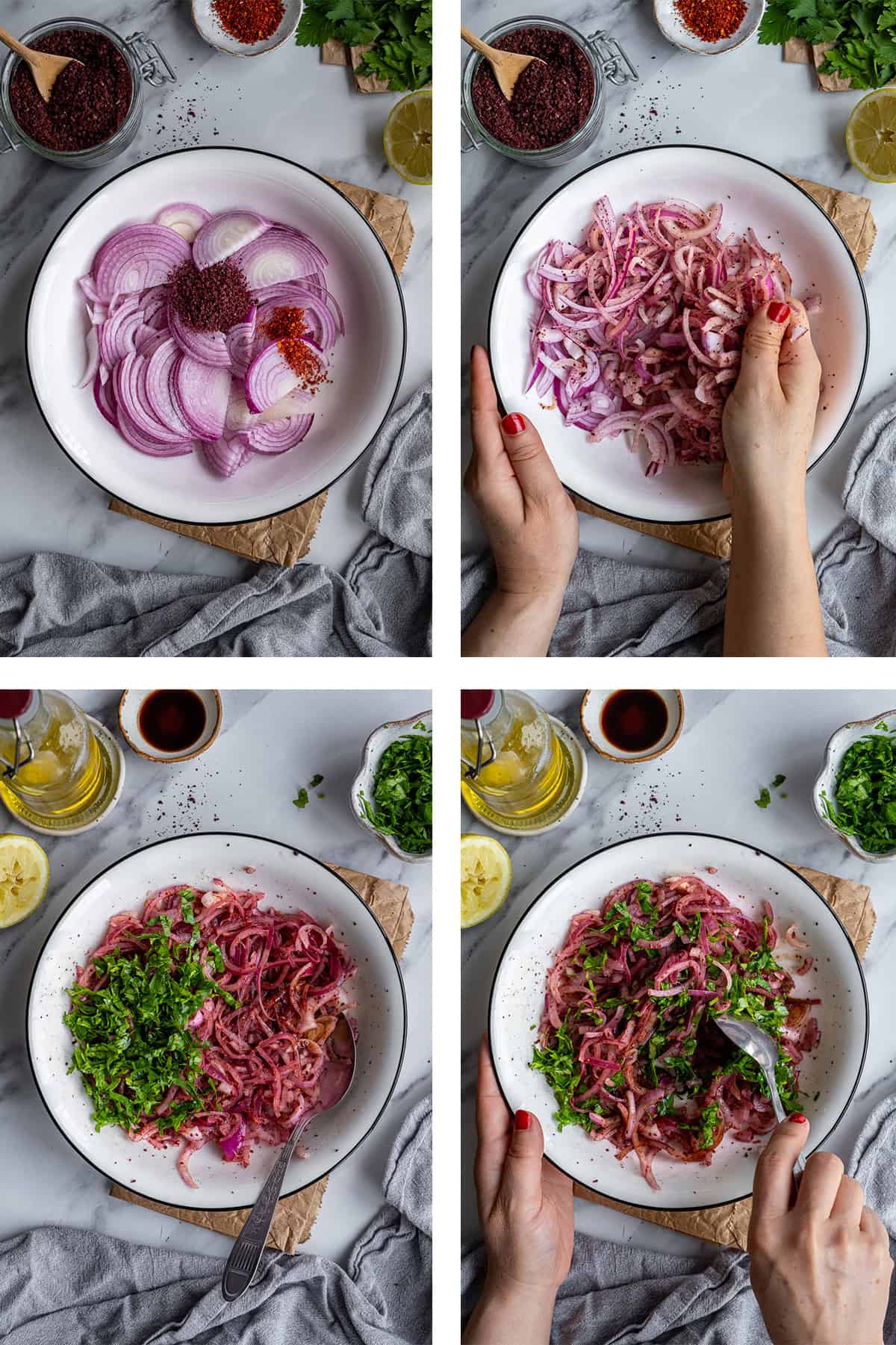 A collage of four pictures showing the steps of making sumac onion recipe.