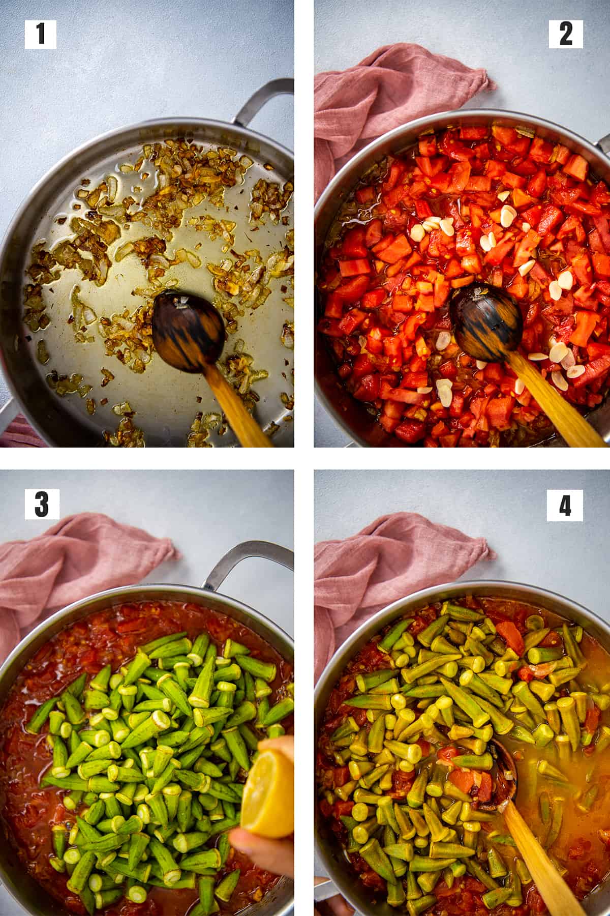 A collage of four pictures showing the steps of bamya recipe.