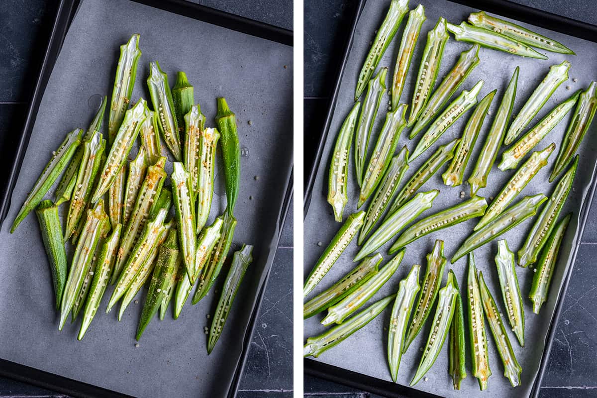 A collage of two pictures showing lengthwise cut okra slices on a baking sheet lined with parchment paper.