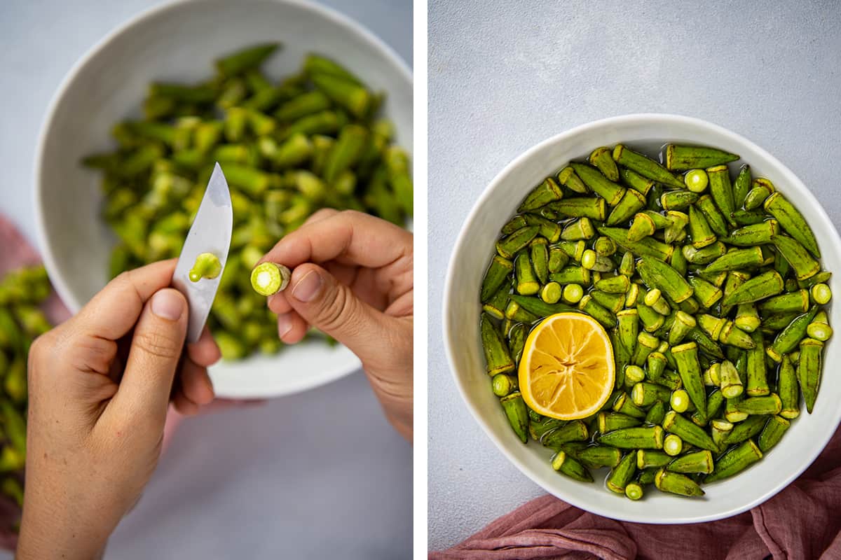 A collage of two pictures showing how to clean and prepare okra.