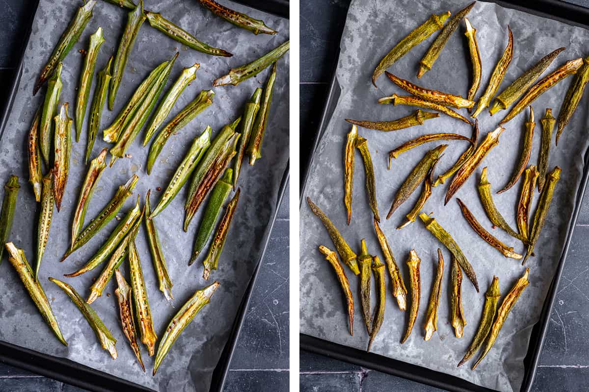 A collage of two pictures showing okra chips being baked on a baking sheet lined with parchment paper.