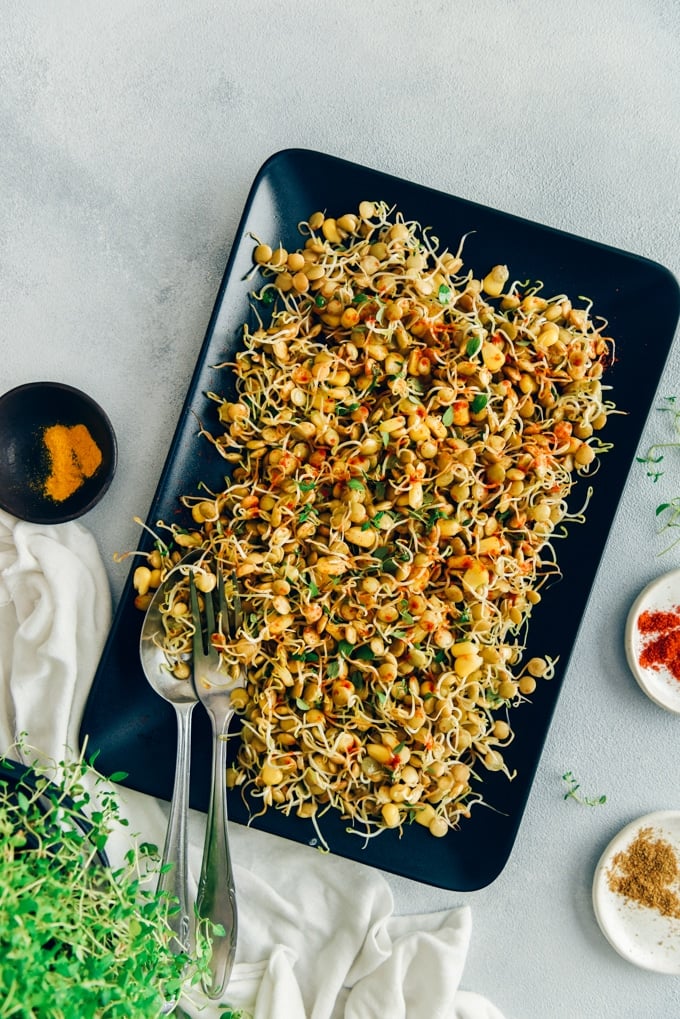 Sprouted green lentils with spices and corn