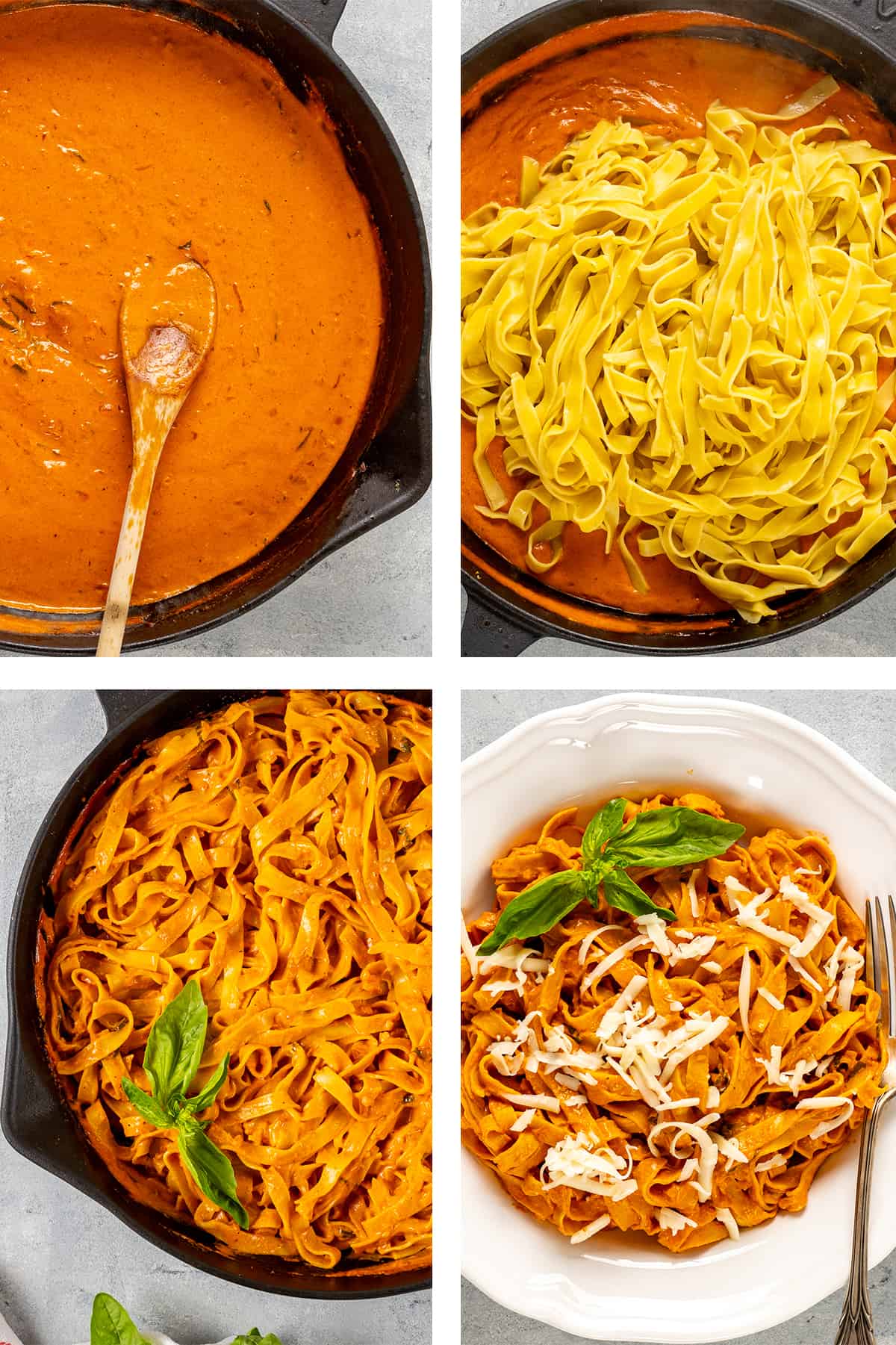 A collage of four pictures showing how to make tomato cream sauce and how to combine the sauce with pasta.