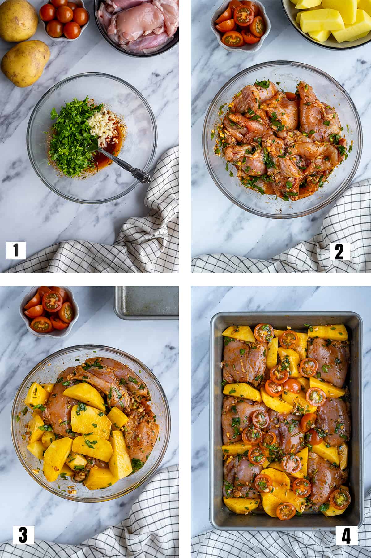 A collage of four pictures showing how to coat chicken thighs and potatoes with a spiced oil sauce and how to put them in a baking pan.
