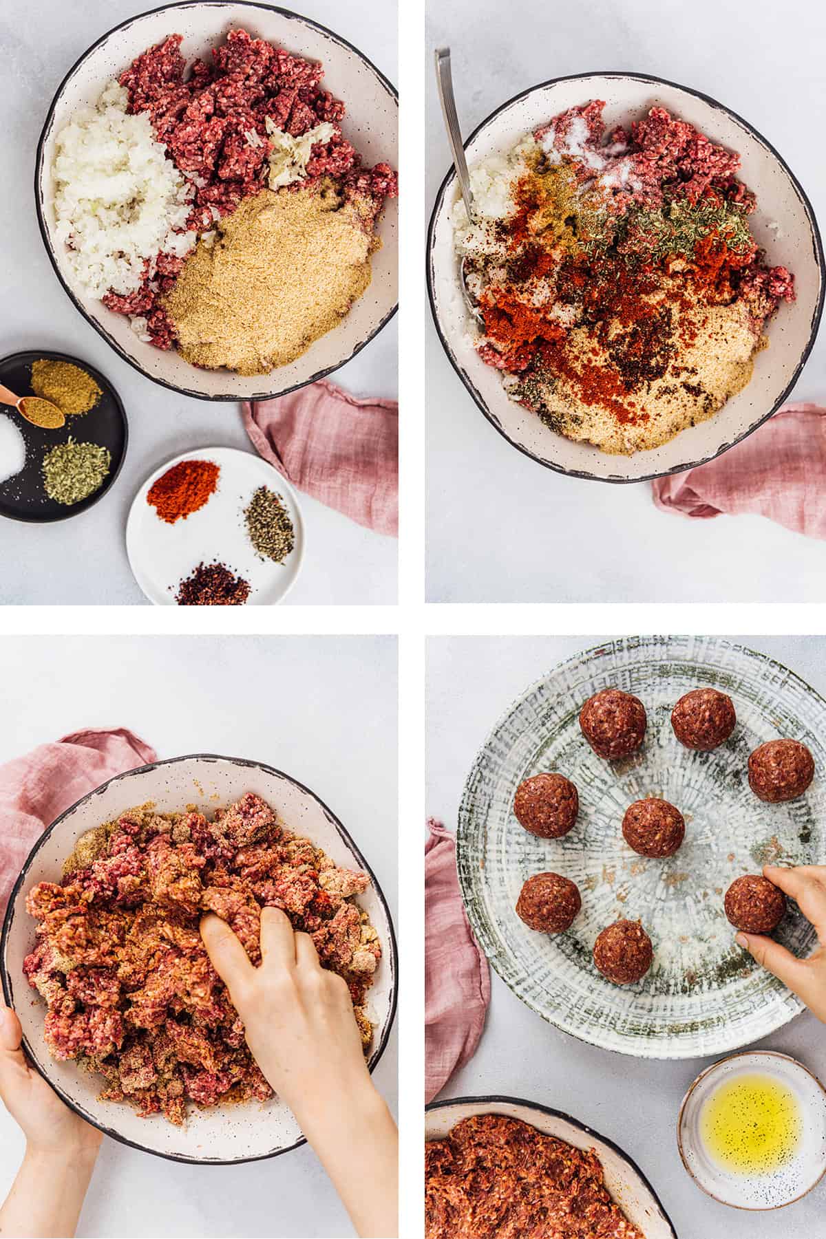 Step-by-step collage showing how to make Turkish kofte by combining ground beef, onion, breadcrumbs and spices, mixing the ingredients, and shaping the mixture into meatballs.