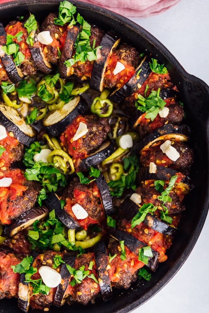 Meatball and eggplant kebab baked in a cast iron skillet