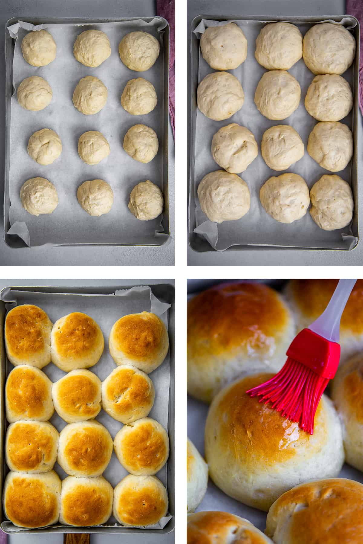 A collage of four pictures showing rolls before and after second rise, after baked and being brushed with butter.