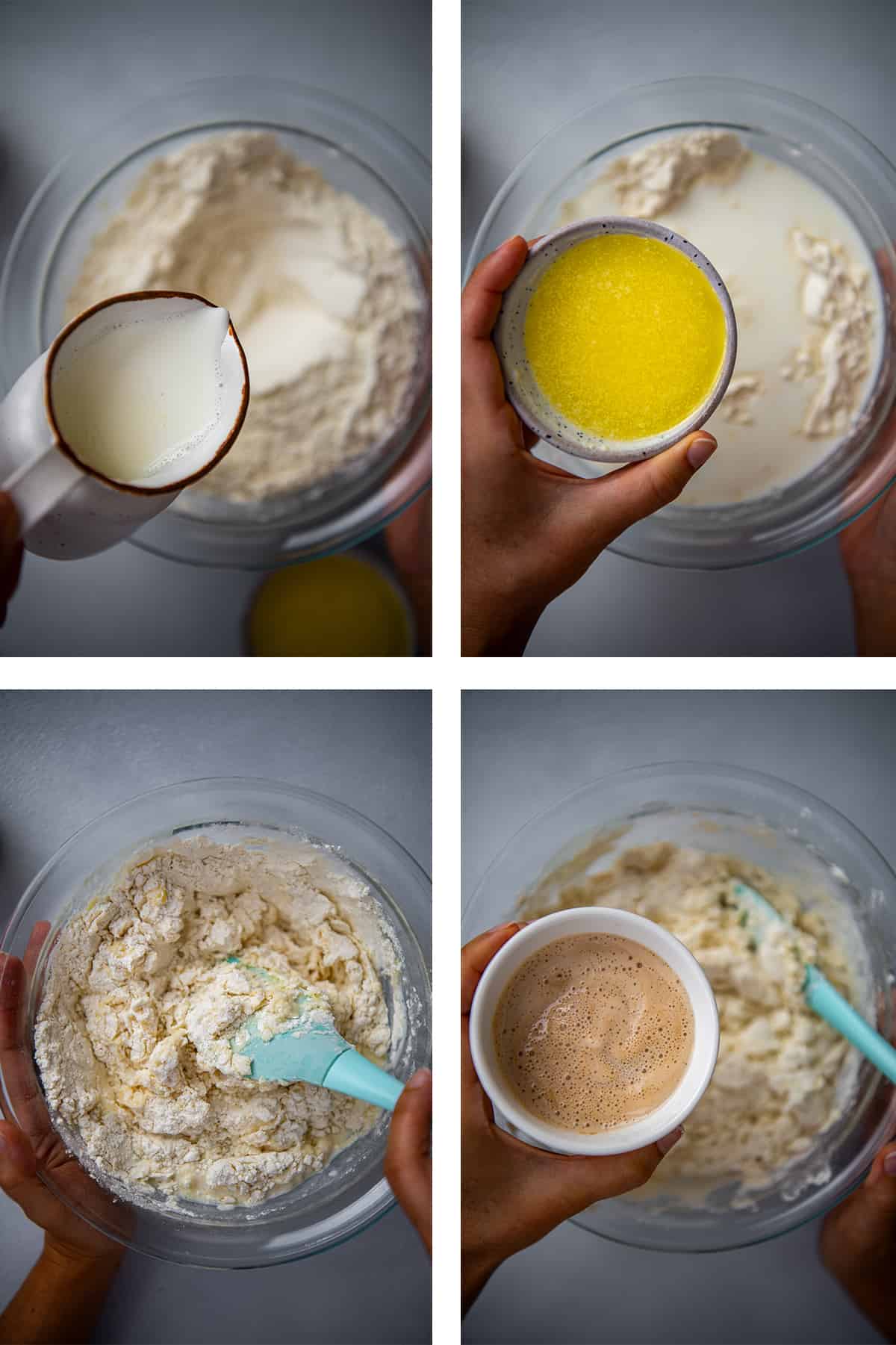 A collage of four pictures showing the steps of making a yeast dough.