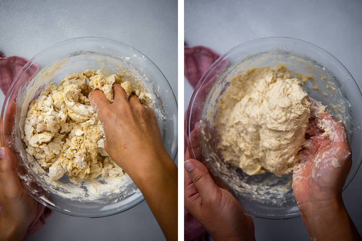 A collage of two pictures showing how to make yeast dough in a large mixing bowl.