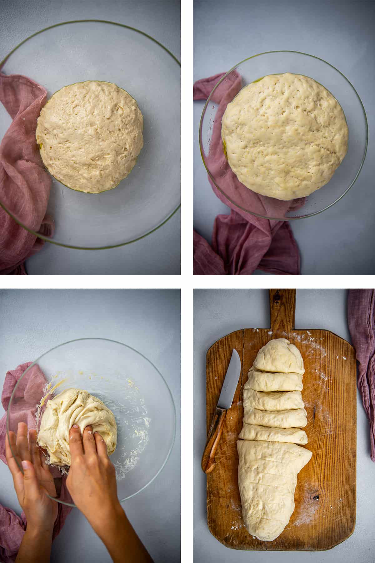 A collage of four pictures showing a dough in a mixing bowl before and after rising, being kneaded and sliced.