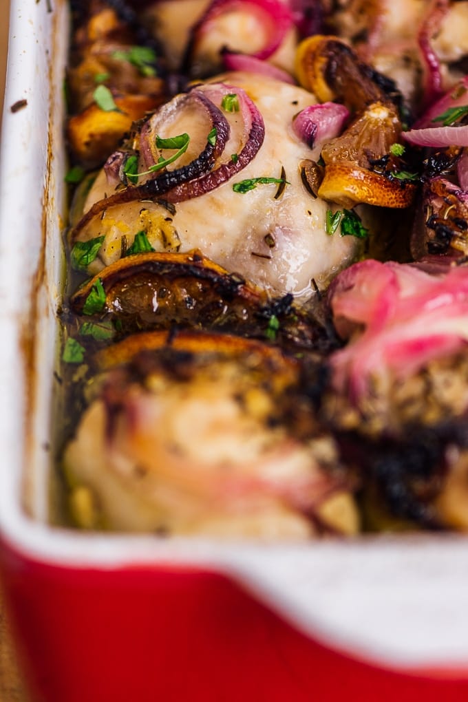 easy lemon roasted chicken thighs with garlic and onion