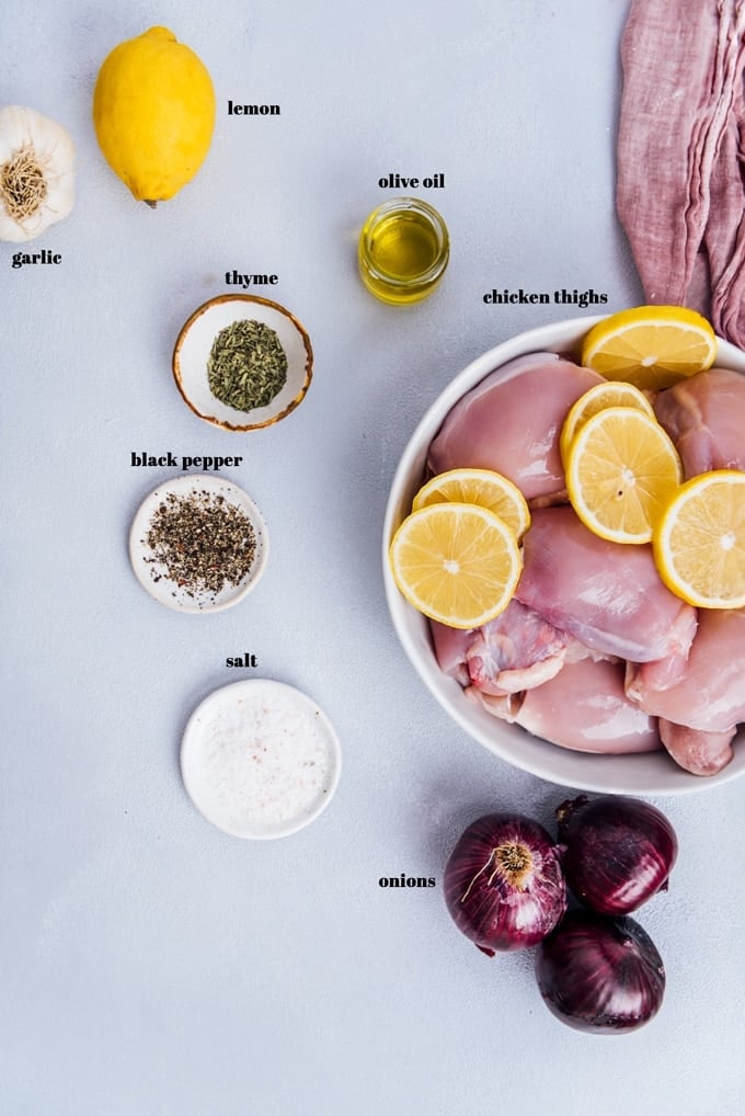 Easy Baked Lemon Chicken Thighs. Healthy and perfect meal for special occasions! #chickenrecipe #bakedchicken #healthychicken #roastedchicken ingredients for healthy baked lemon chicken thighs recipe