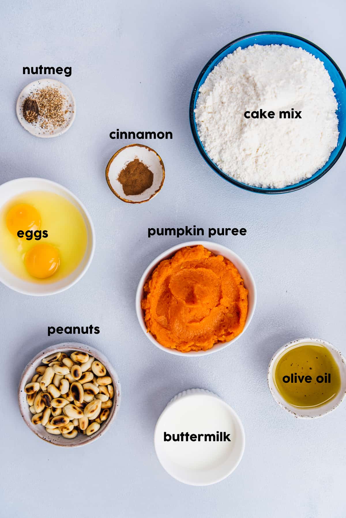 Cake mix, pumpkin puree, eggs, nutmeg, cinnamon, panuts, buttermilk and olive oil all in separate bowls on a grey background.