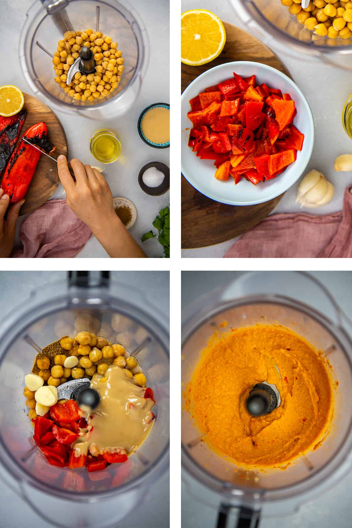 A collage of four pictures showing how to make roasted red pepper hummus.