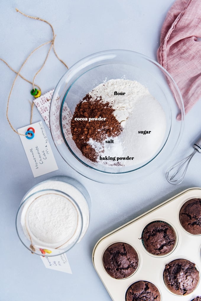 Chocolate cake mix ingredients in a large glass bowl