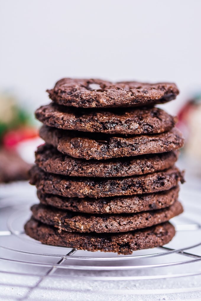 A stack of chocolate cookies made with cake mix