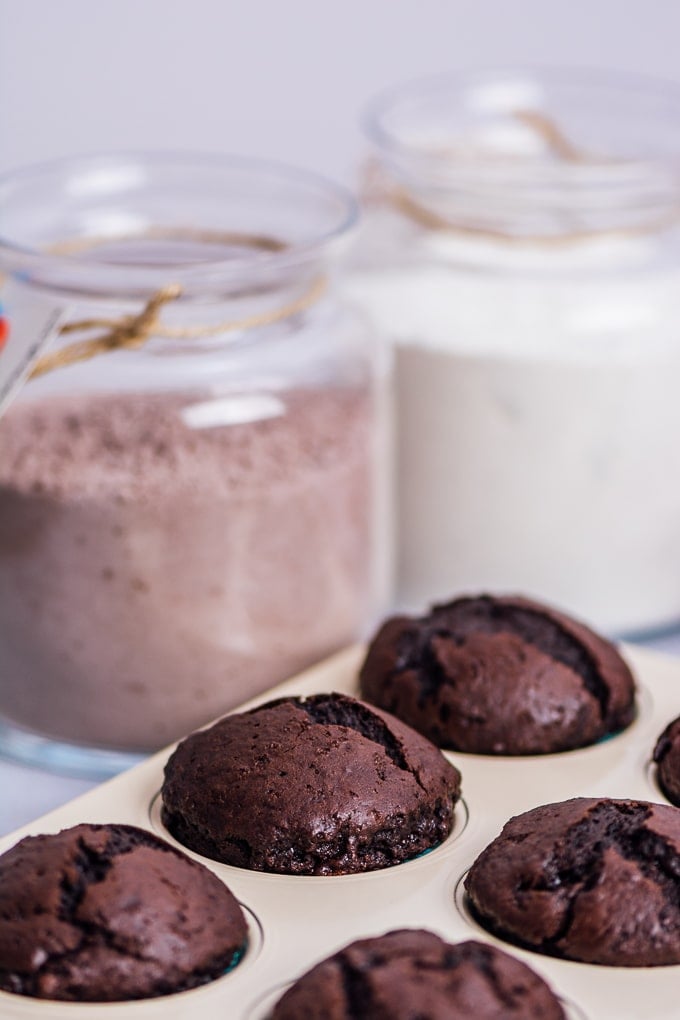 Diy chocolate cake mix in a jar and chocolate muffins made with the mix.