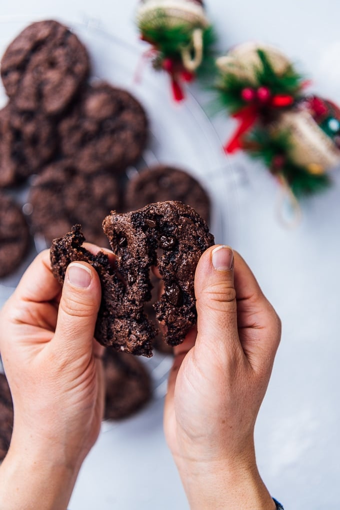 Grabbing a soft and chewy chocolate cookies made with chocolate cake mix