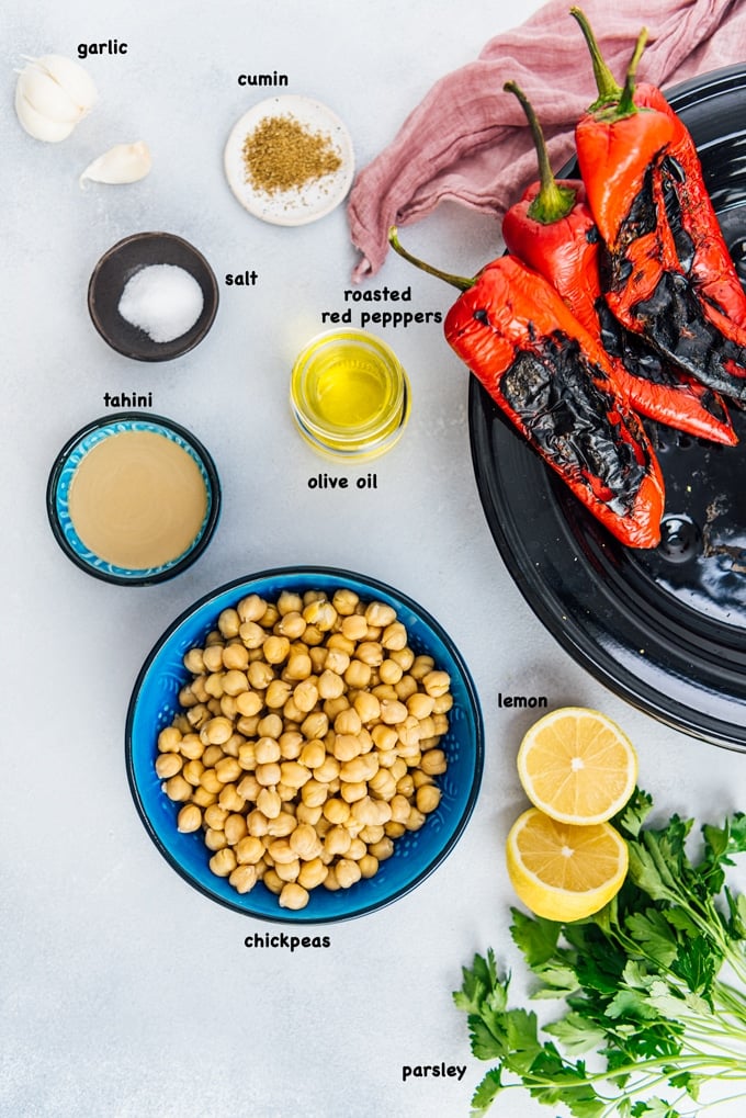 Ingredients for hummus with homemade roasted red bell peppers