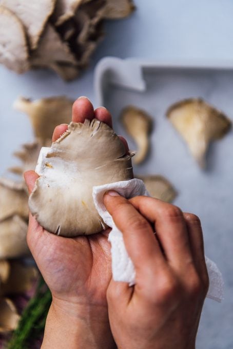 Hands cleaning oyster mushrooms with a paper towel.