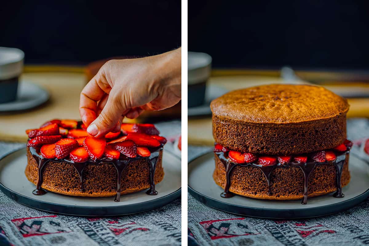 A collage of two pictures showing how to place strawberry slices on the chocolate cake base and how to place the other cake on the top.