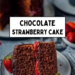 Chocolate cake slice with strawberry filling and chocolate coating.