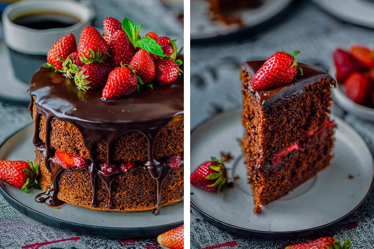 A collage of two pictures showing chocolate cake with strawberries and a slice of it.