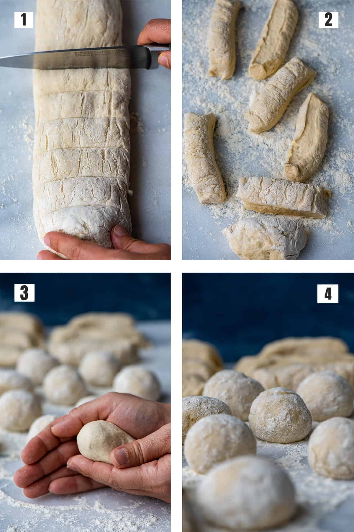 A collage of four pictures showing how to prepare bazlama dough balls.