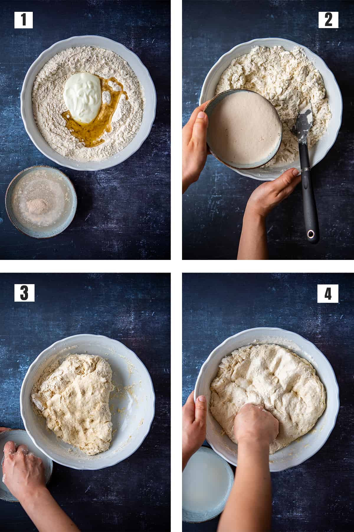 A collage of four pictures showing how to make bazlama dough in a large mixing bowl.