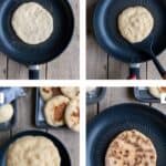 Step-by-step bazlama flatbread cooking in a pan, from raw dough to golden and cooked.