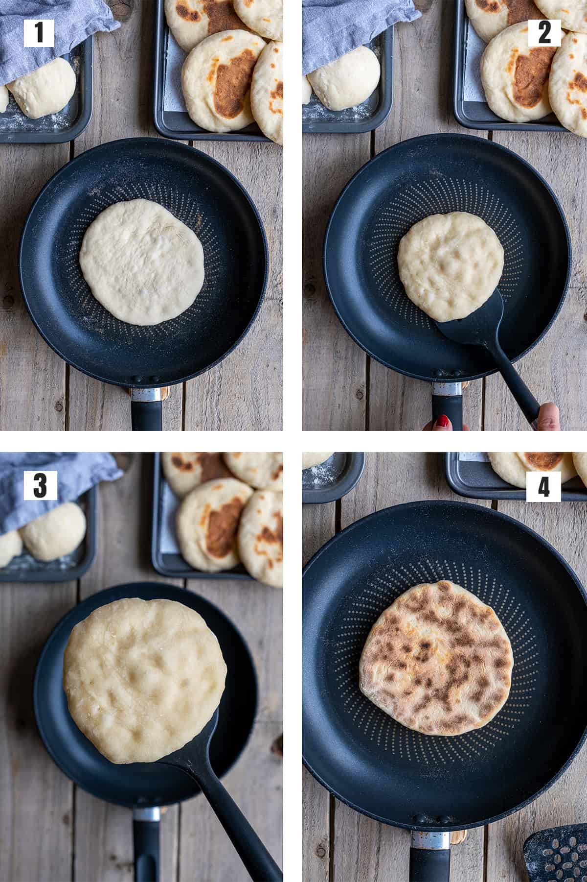 A collage of four pictures showing how to cook Turkish flat breads in a non-stick pan.