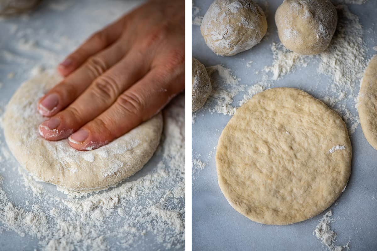 A collage of two pictures showing how to flatten a dough ball.