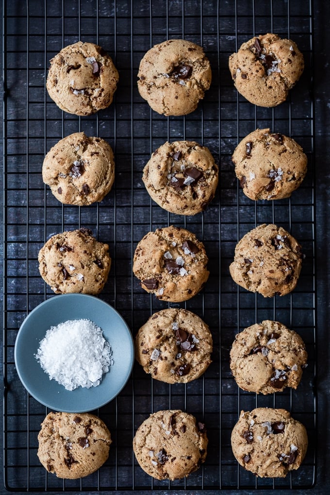 Chocolate tahini cookies with sea salt on the rack