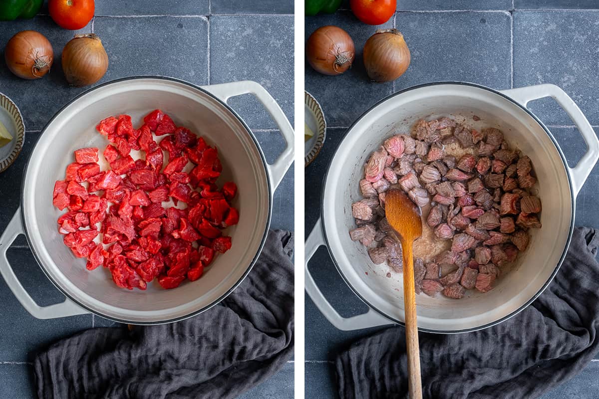 A collage of two pictures showing how to cook diced beef in a pot.