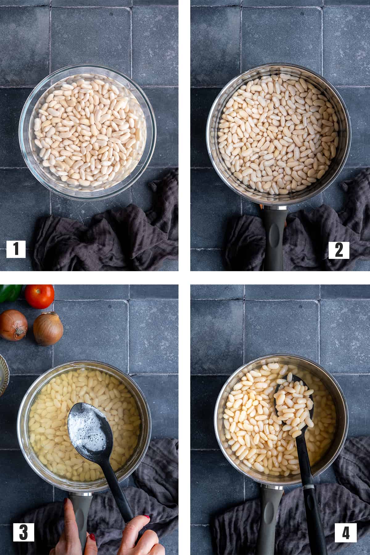 A collage of four pictures showing how to boil white beans in a pot.
