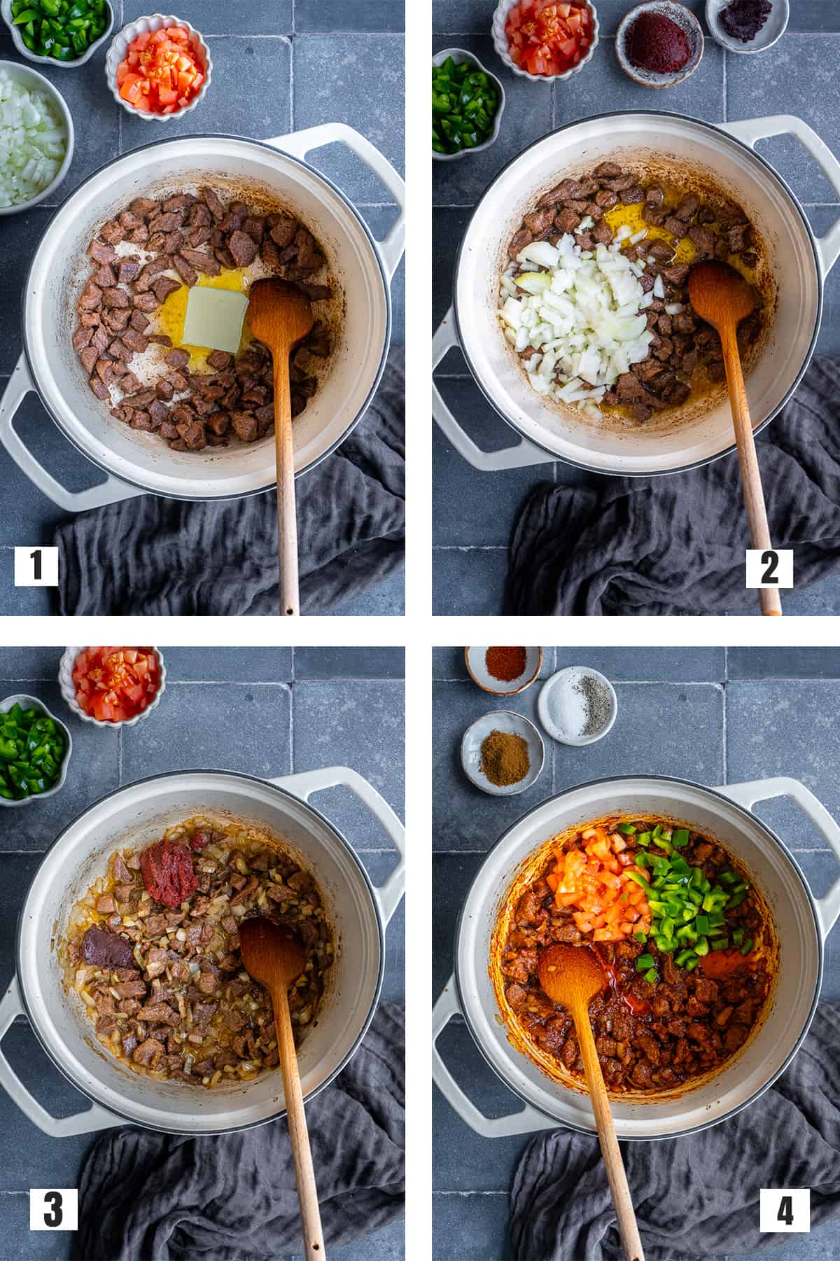 A collage of four pictures showing how to cook diced beef with onions, tomatoes and green peppers in a white pot.