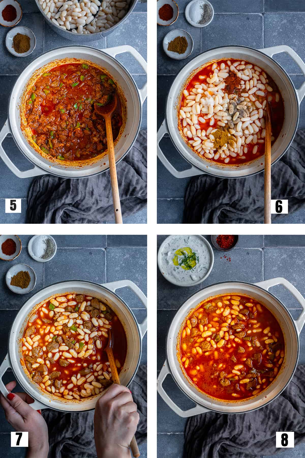 A collage of four pictures showing how to make Turkish bean stew with meat in a white pot.