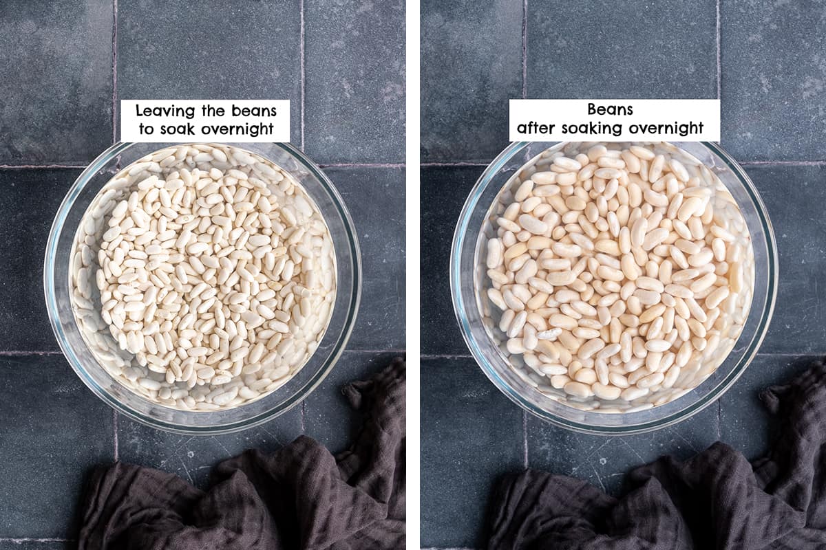 A collage of two pictures showing dried white beans before and after soaking.