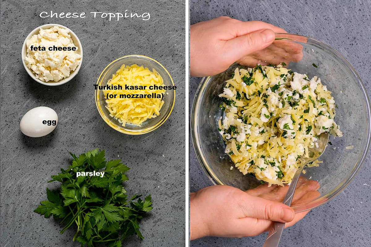 Ingredients of cheese pide topping in a collage of two pictures.