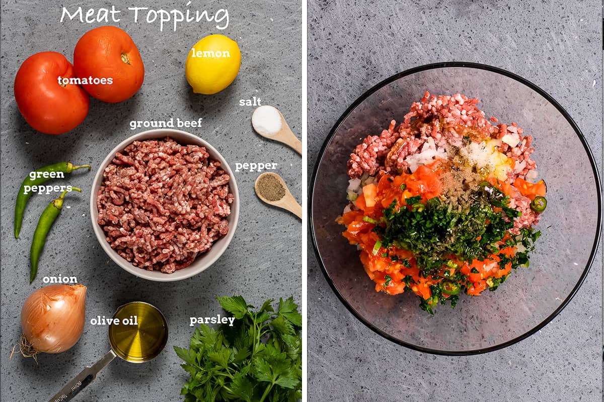 Two pictures showing the ingredients of meat topping for pide in a collage.