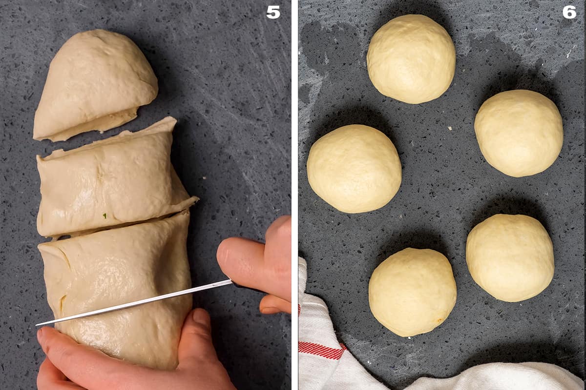 Picture of cutting the dough in pieces and the picture of dough balls in a collage.