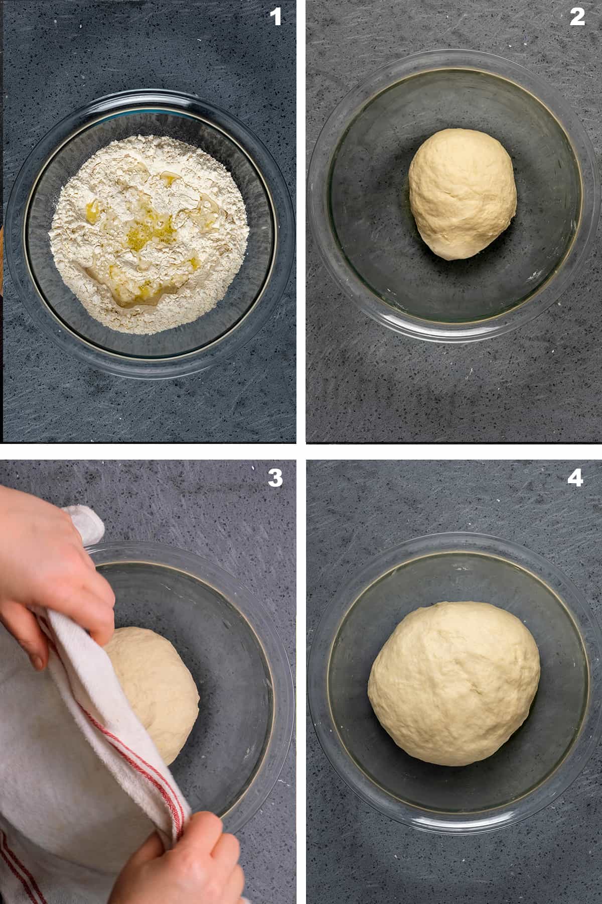 The steps of preparing dough is shown in four pictures.