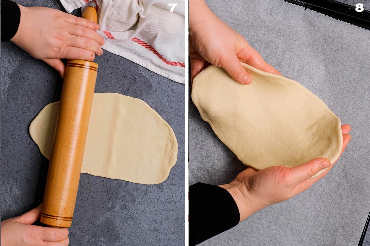 Rolling out pide dough is shown in a collage of two pictures.