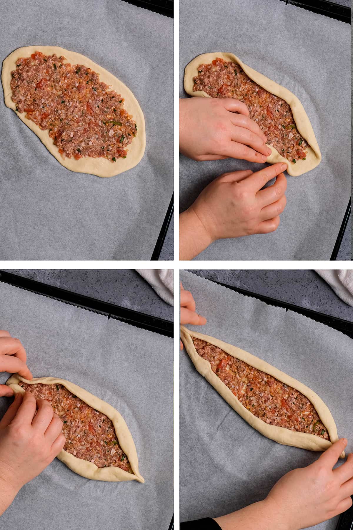 How to shape pide with ground meat topping is shown in a collage of four pictures.