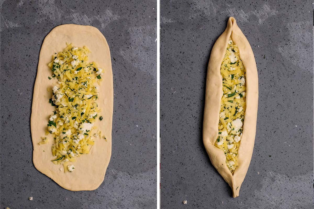 Shaping cheese pide is shown in a collage of two pictures.