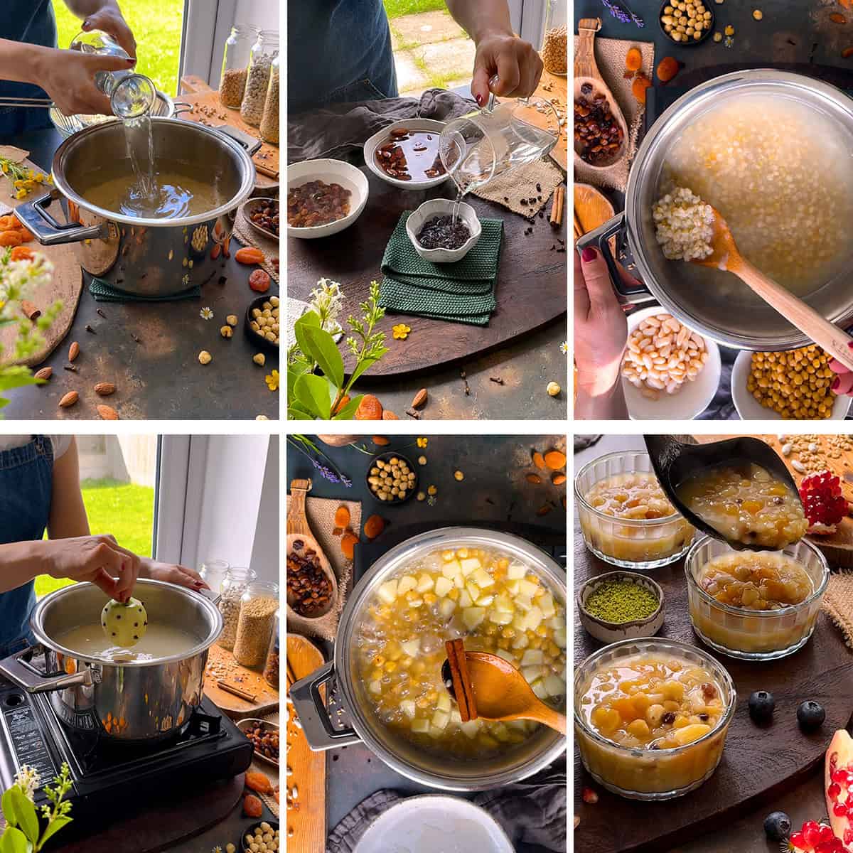 Step-by-step photos showing how to make Turkish ashure (Noah's Pudding), from soaking dried fruits and cooking wheat berries to adding apples and serving in bowls.