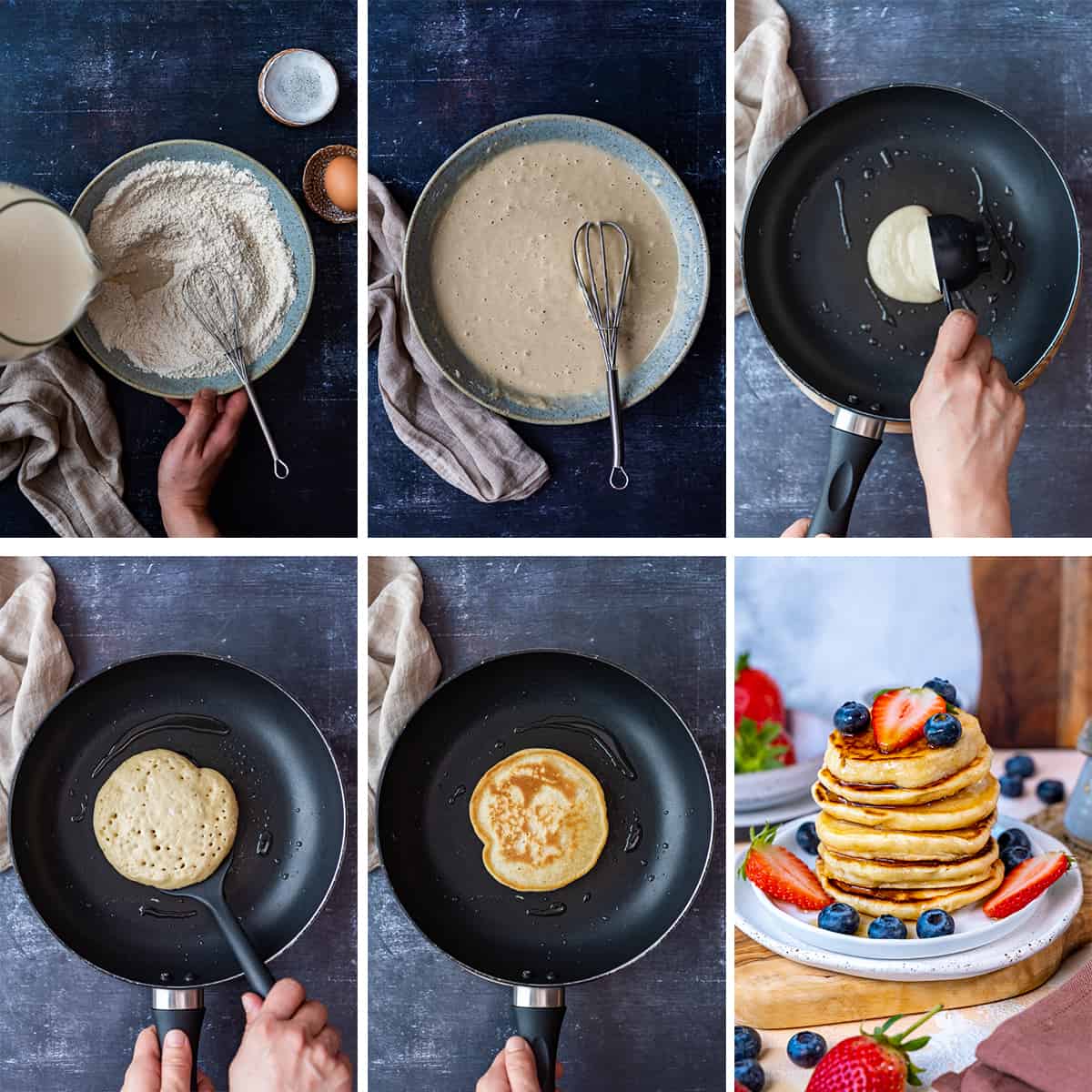 A collage of six images showing how to prepare the pancake batter, how to cook pancake in a pan and how to serve them.