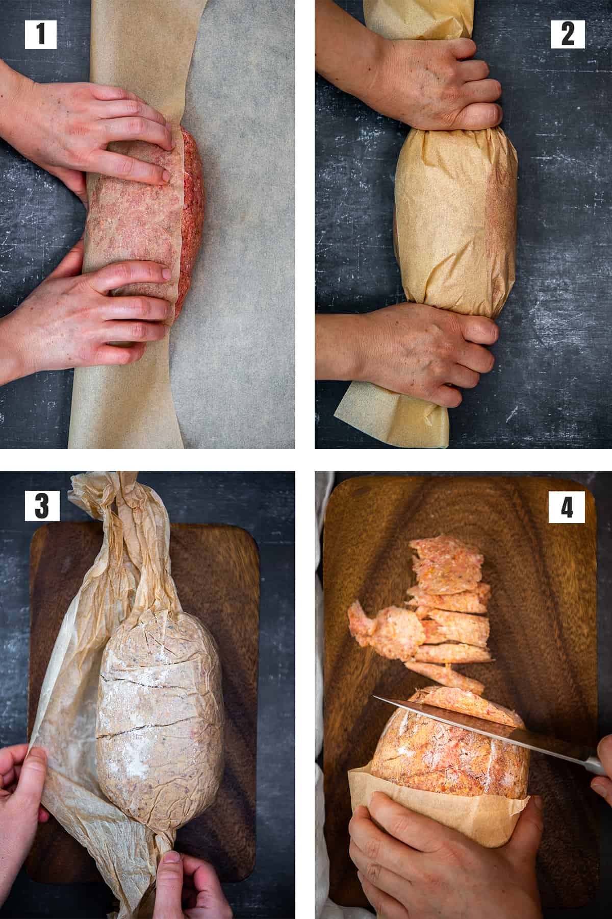 A collage of four pictures showing how to wrap doner meat to freeze and how to slice it thinly.
